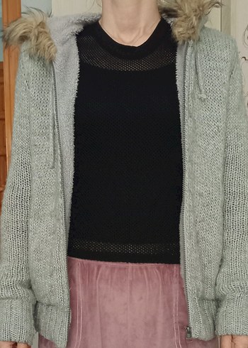 Kadın Gri Kürklü Triko Sweatshirt - Görsel 3