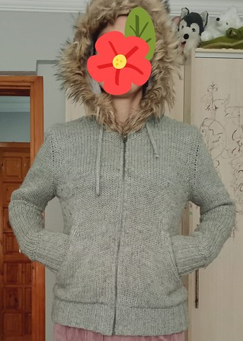 Kadın Gri Kürklü Triko Sweatshirt - Görsel 2