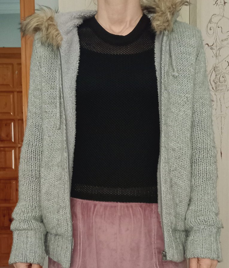 Kadın Gri Kürklü Triko Sweatshirt - Görsel 3