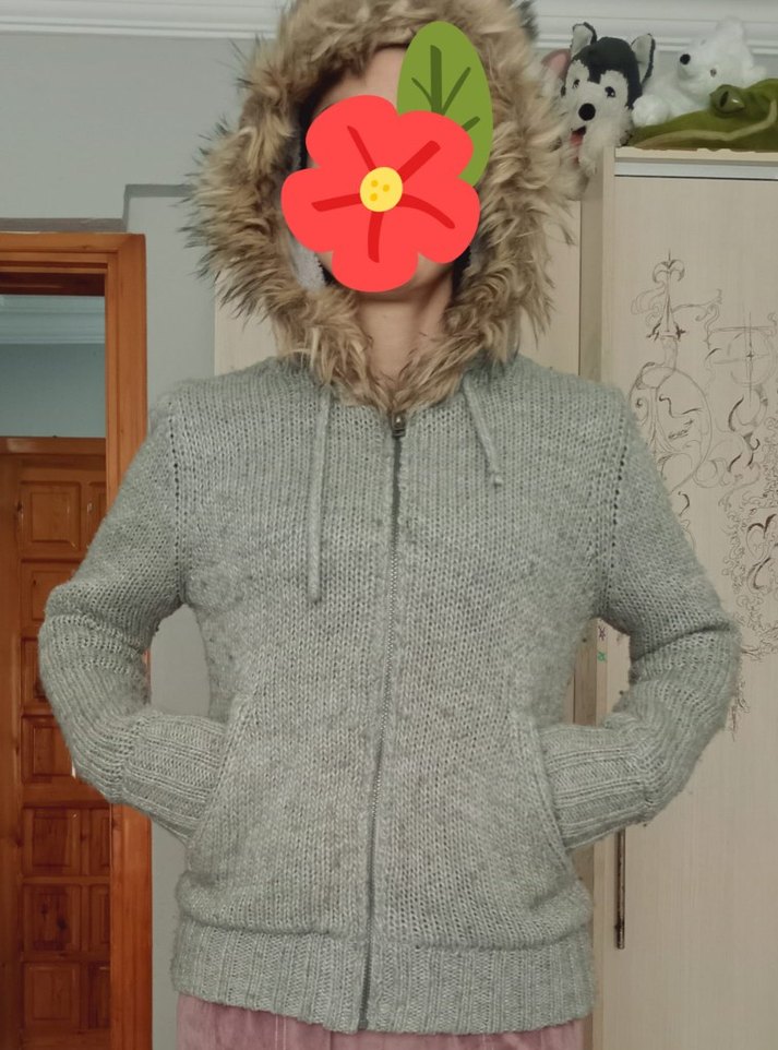 Kadın Gri Kürklü Triko Sweatshirt - Görsel 2