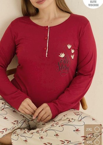 Bordo Bohem Uzun Kollu Viskon Pijama Takımı
