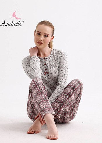 Andrella Gri Bağlama Desenli Uzun Kollu Pijama