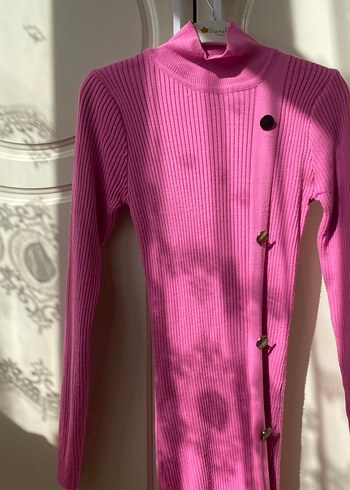 s Beden pembe Renk Düğmeli Pembe Uzun Triko Elbise
