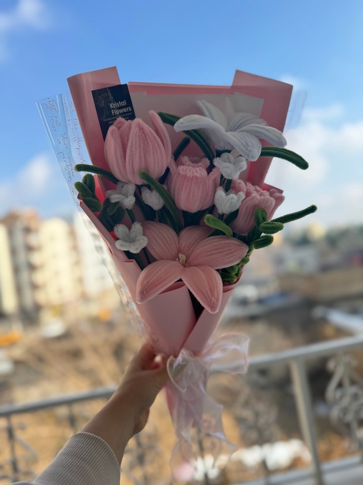 Pembe Karışık El yapımı çiçek buketi - Görsel 3