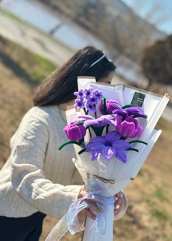 Mor Kadife Yapay Çiçek Buketi - Görsel 2