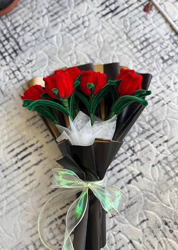 7li Kırmızı El yapımı Gül Buketi - Görsel 3
