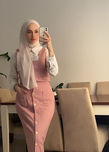 Pembe Uzun Askısız Ofis Elbisesi
