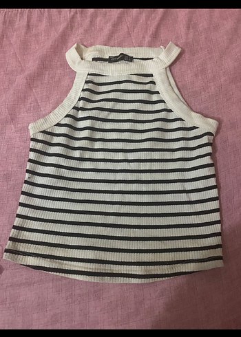 Kadın Çizgili Kolsuz Yüksek Yaka Örme Crop Top