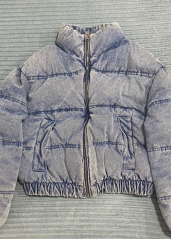 Gri Batik Desenli Denim Kadın Mont