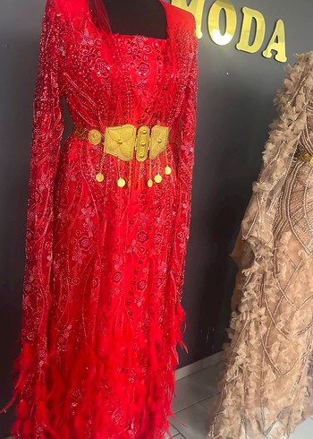 Kırmızı Drapeli Uzun Henna Elbise - Görsel 2