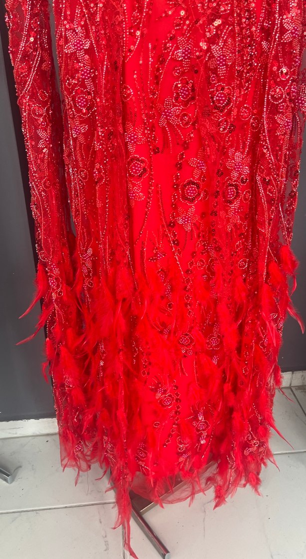 Kırmızı Drapeli Uzun Henna Elbise - Görsel 4