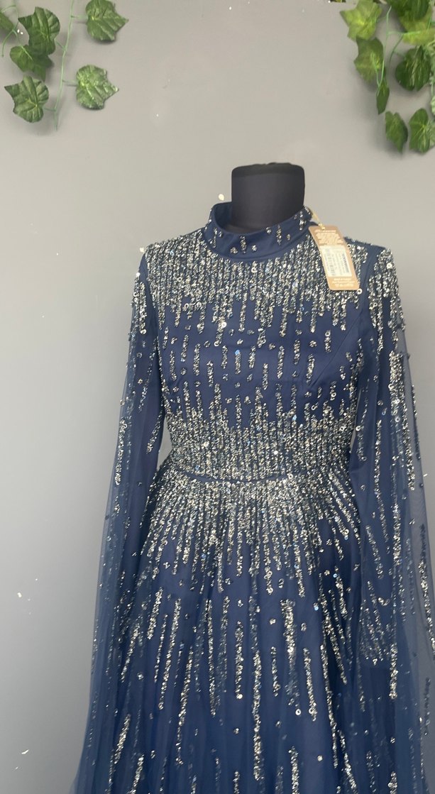 İşlemeli Lacivert Uzun Abiye Elbise - Görsel 2