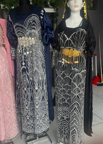 Uzun Kollu İşlemeli Mavi Kadın Elbise - Görsel 2