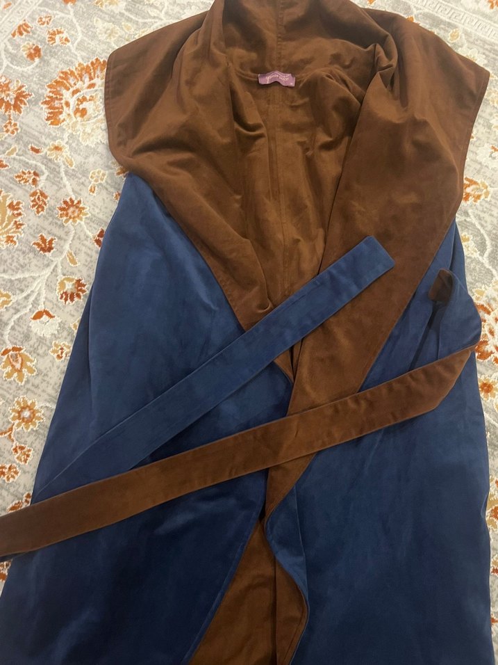 Kahverengi ve Lacivert Uzun Kadın Bornoz - Görsel 2