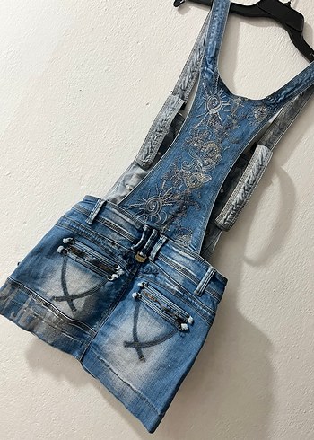 Kadın Kot Mini Askılı Tulum - Görsel 4