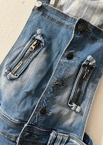 Kadın Kot Mini Askılı Tulum - Görsel 3