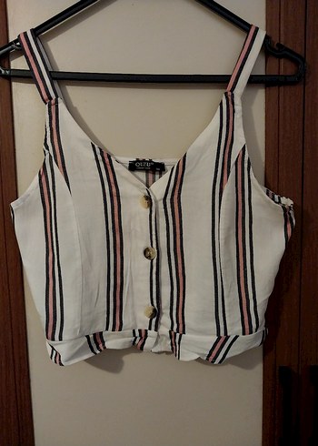 Düğmeli Çizgili Kadın Crop Top