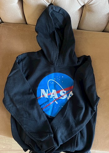 NASA Baskılı Siyah Kapüşonlu Sweatshirt