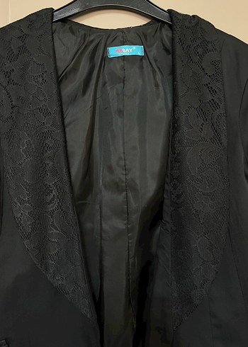 Siyah Dantel yakalı Kadın Midi Blazer Ceket - Görsel 2