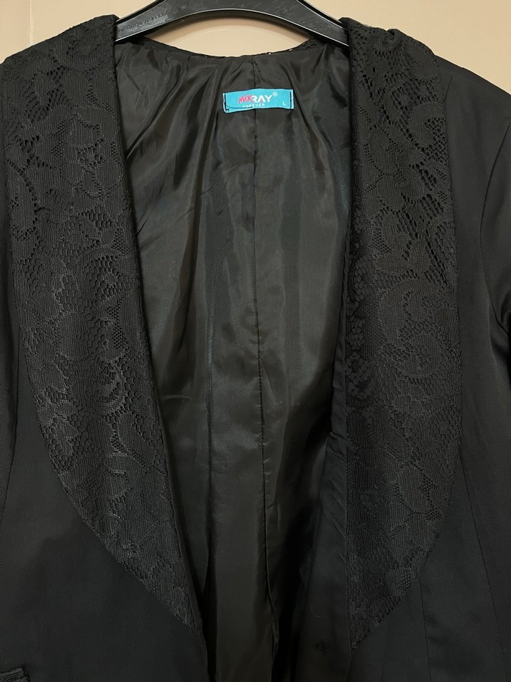 Siyah Dantel yakalı Kadın Midi Blazer Ceket - Görsel 2