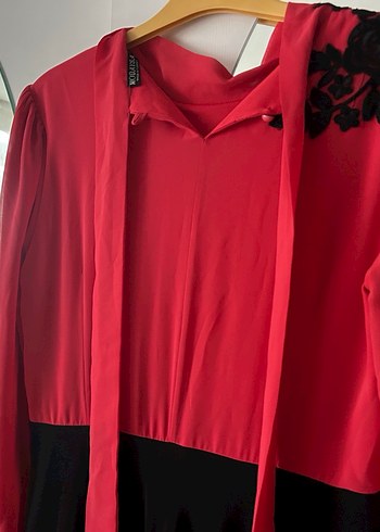 Kırmızı Siyah Uzun Kollu Elbise - Görsel 5