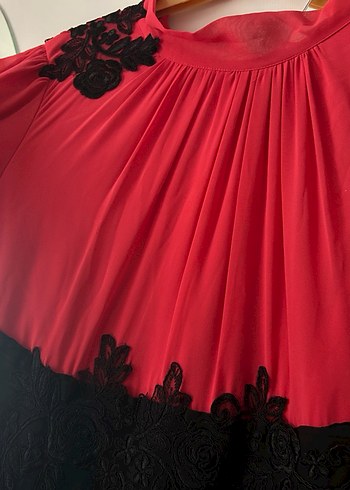 Kırmızı Siyah Uzun Kollu Elbise - Görsel 3