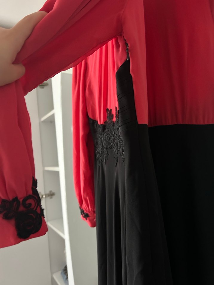 Kırmızı Siyah Uzun Kollu Elbise - Görsel 4