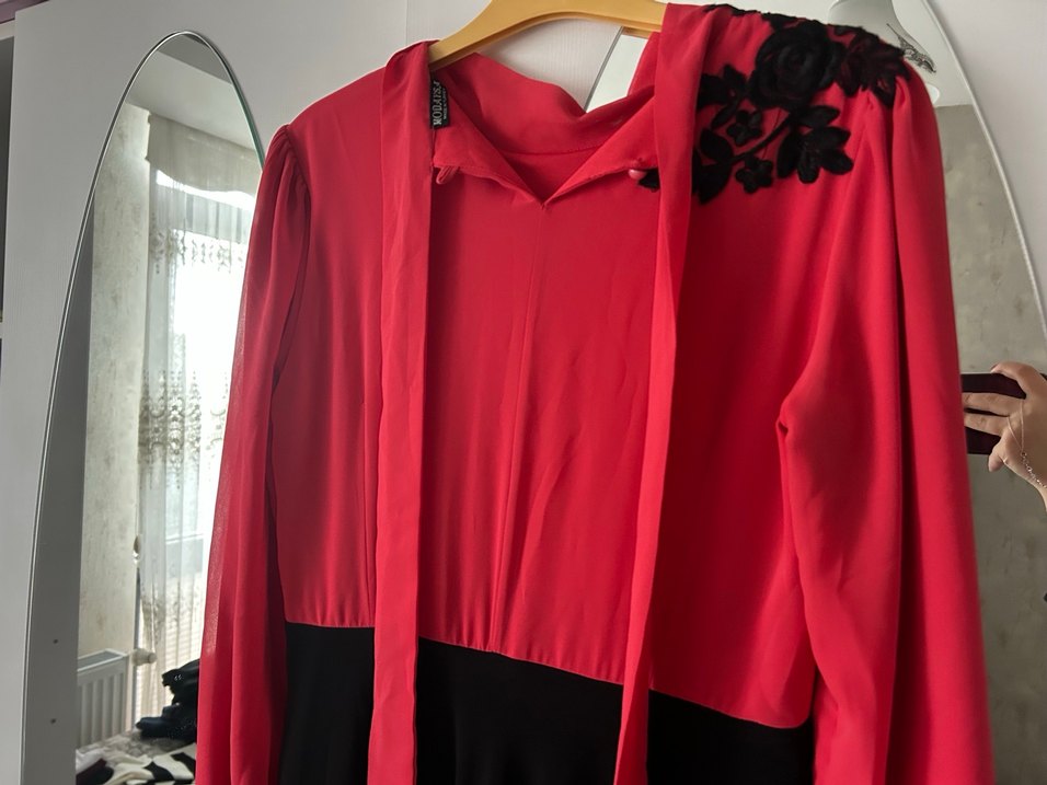 Kırmızı Siyah Uzun Kollu Elbise - Görsel 5