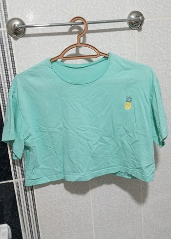 Yeşil Crop Top Kısa Kollu Pamuklu