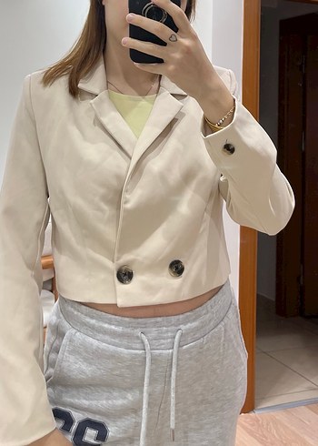 36 Beden Bej Düğmeli Kadın Blazer Ceket