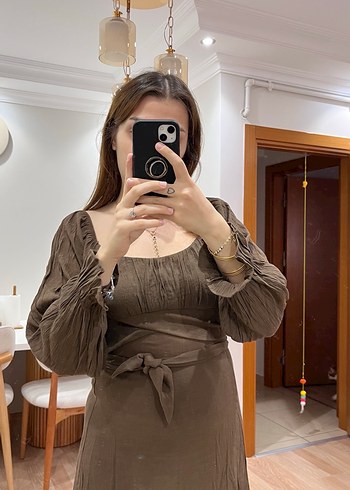 Diğer Uzun Keten Elbise, Kayık Yaka, Bohem Stil