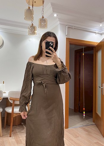 Uzun Keten Elbise, Kayık Yaka, Bohem Stil