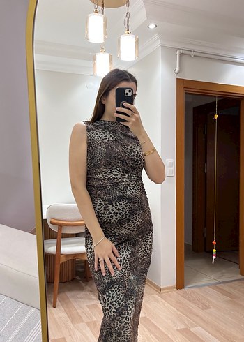 Kahverengi Yılan Desenli Transparan Midi Elbise