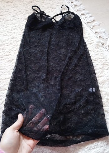 Diğer Siyah Dantel Midi Strappy Gecelik