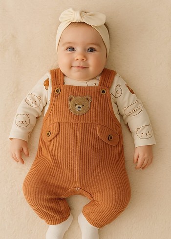 Nakışlı Kahverengi Unisex Bebek Tulum