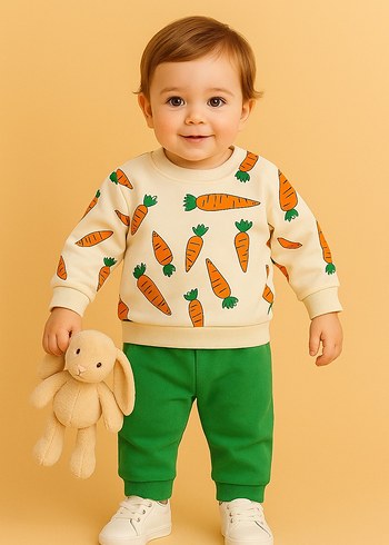 Havuç Baskılı Pamuklu Unisex Bebek Takımı