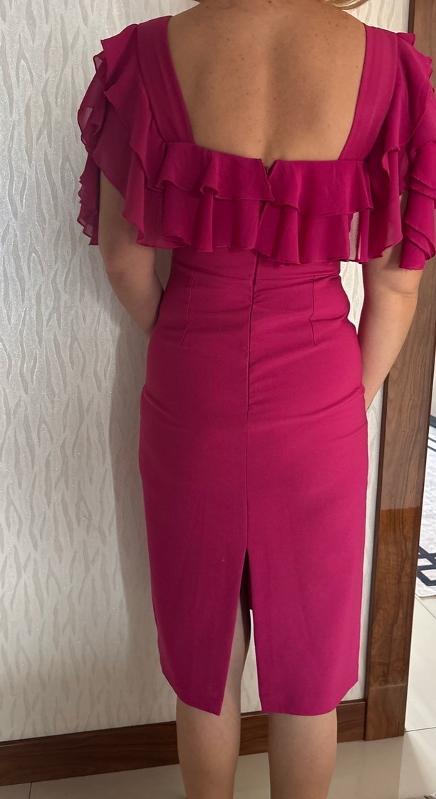 Pembe kare yaka Fırfırlı Midi Abiye Elbise - Görsel 2