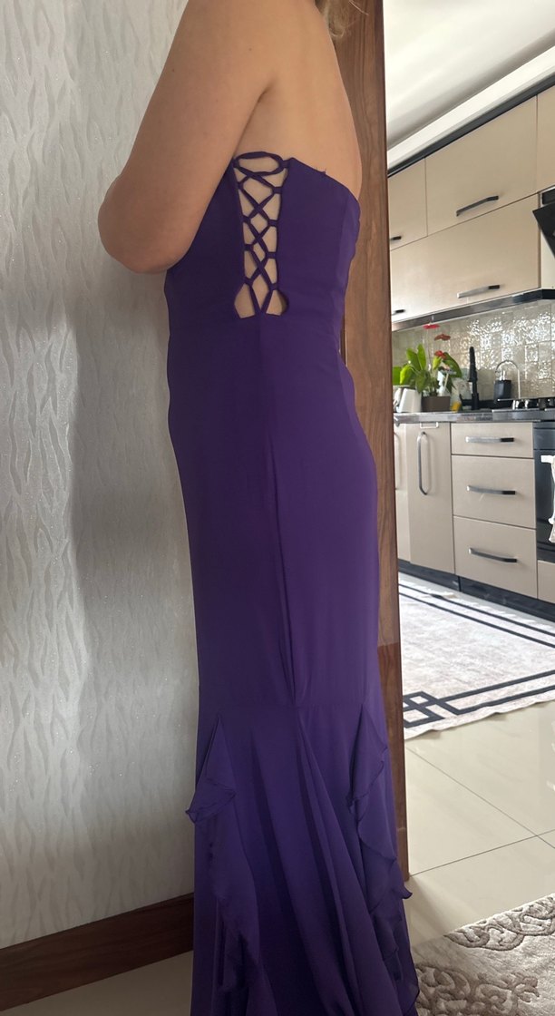 Mor Straplez Midi Abiye Elbise - Görsel 2