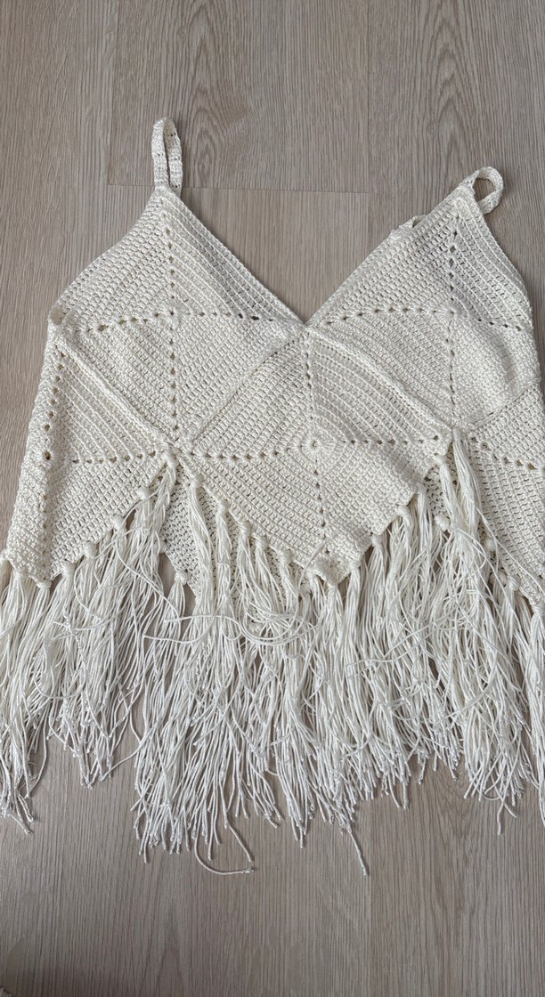 Beyaz Örgü Püsküllü Bohem Kadın Süveter - Görsel 2