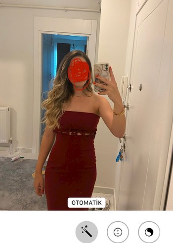 Bordo Straplez Midi Elbise Yırtmaçlı