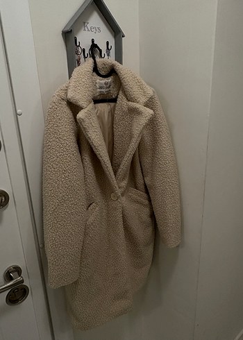Diğer Kadın Beyaz Midi Peluş Kaban