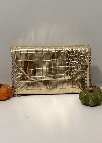 Altın Renk Parlak Deri Yılan Desenli Kadın Clutch Çanta - Görsel 2