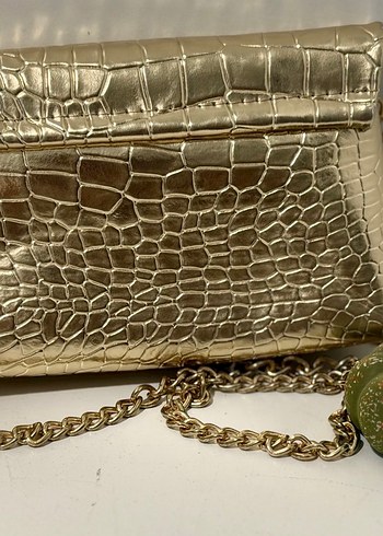 Altın Renk Parlak Deri Yılan Desenli Kadın Clutch Çanta - Görsel 3
