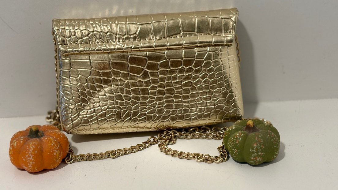 Altın Renk Parlak Deri Yılan Desenli Kadın Clutch Çanta - Görsel 3