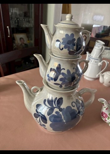 Mavi Çiçek Desenli Gri porselen Çaydanlık Seti - Görsel 4