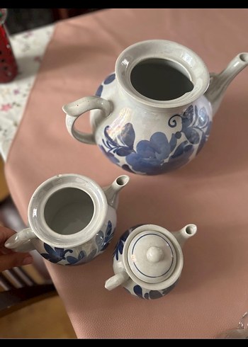 Mavi Çiçek Desenli Gri porselen Çaydanlık Seti - Görsel 2