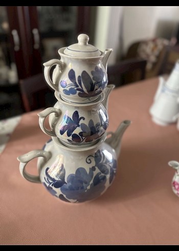 Mavi Çiçek Desenli Gri porselen Çaydanlık Seti - Görsel 3