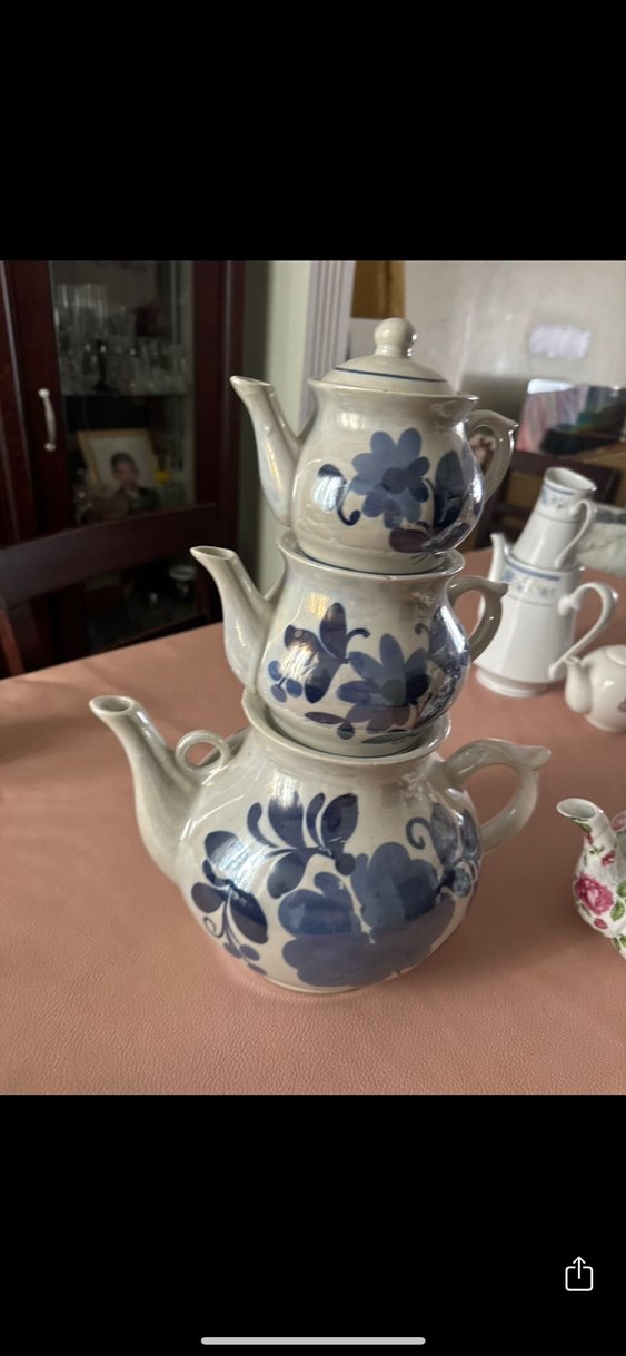 Mavi Çiçek Desenli Gri porselen Çaydanlık Seti - Görsel 4