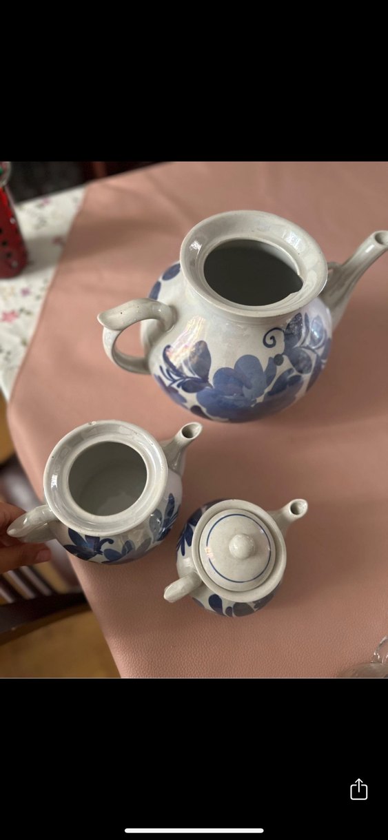 Mavi Çiçek Desenli Gri porselen Çaydanlık Seti - Görsel 2