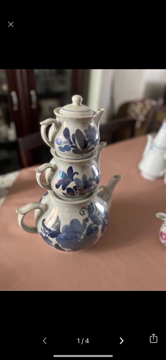 Mavi Çiçek Desenli Gri porselen Çaydanlık Seti - Görsel 3